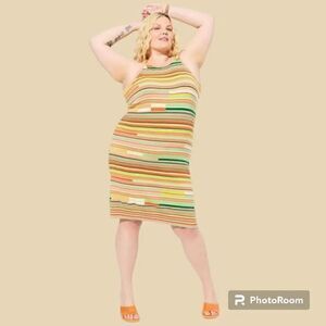 5X 28W Torrid Crochet 70s Knit Mini Sweater Dress Orange Green Sherbet Stretch c